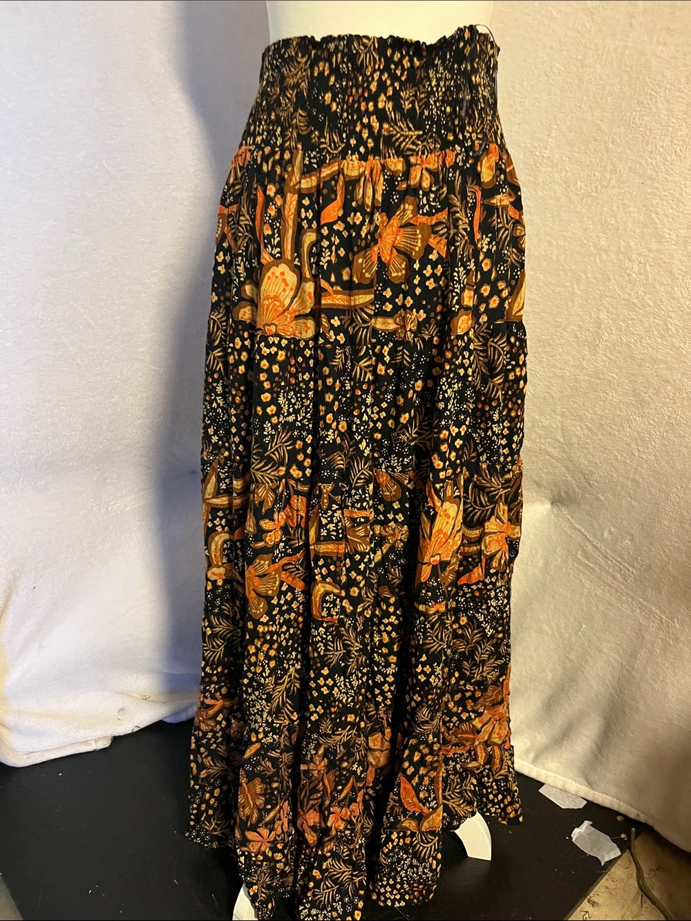 Nostalgia Black Maxi Skirt with Orange Floral Motif